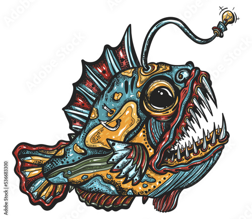 Angler fish. Underwater sea monster. Old school tattoo vector art. Hand drawn graphic. Isolated on white. Traditional flash tattooing style