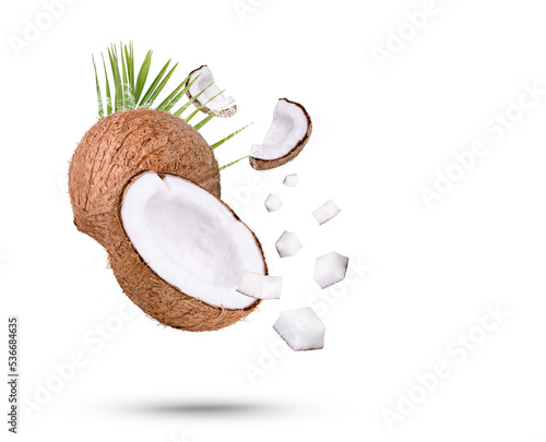Water splash on coconut with leaves isolated on transparent background. (.PNG)