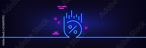 Neon light glow effect. Loan percent line icon. Discount sign. Credit percentage symbol. 3d line neon glow icon. Brick wall banner. Loan percent outline. Vector