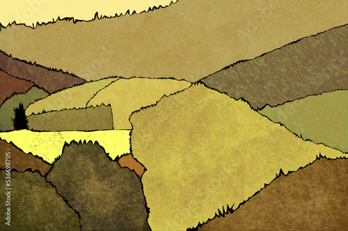 Ilustracja krajobraz pola uprawne na tle gór kompozycja barwna w stonowanych kolorach.