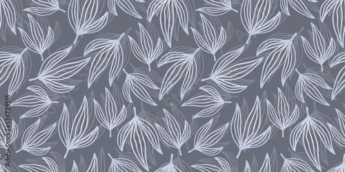 Nature silver leaves line arts on grey background vector. Floral seamless pattern, silver leaves line arts