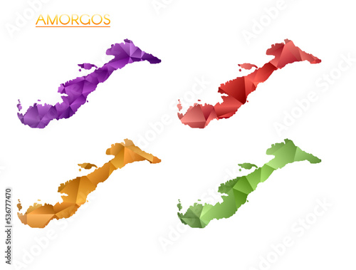 Set of vector polygonal maps of Amorgos. Bright gradient map of island in low poly style. Multicolored Amorgos map in geometric style for your infographics. Captivating vector illustration.