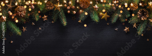 Christmas border with green fir branches and gold stars