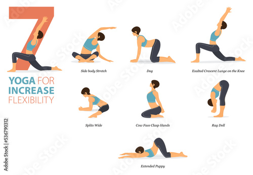 7 Yoga poses or asana posture for workout in increase flexibility concept. Women exercising for body stretching. Fitness infographic. Flat cartoon vector
