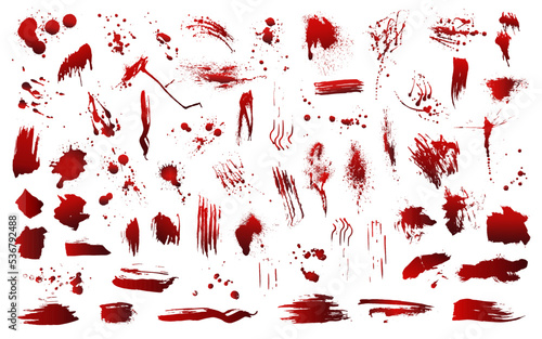 A set of realistic blood splashes. A drop and a blood clot. Blood stains. Isolated. Vector illustration of bloody ink drops on a white background.