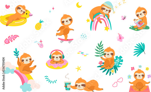 Funny sloth characters swimming and sleep. Cute cartoon sloths, wild exotic animal relax and reading. Jungle animals for kids and baby, nowaday vector characters
