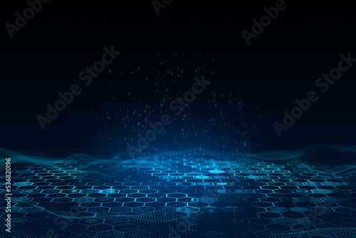 Creative blue hexagonal background with binary code. Technology, design and landing page concept. 3D Rendering.