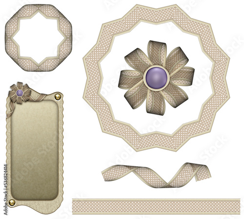 Set of vintage golden lacey satin design elements with frames, labels, borders and ribbons