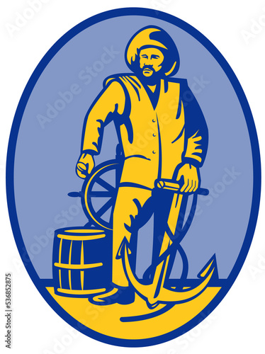 illustration of a Fisherman ship captain at the wheel with anchor standing front view