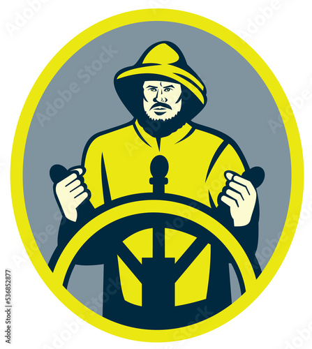 illustration of a Fisherman ship captain at the wheel or helm