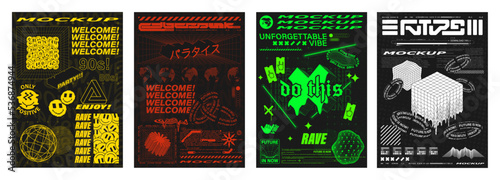 Template posters - trendy, digital, futuristic, rave. Poster themes for different occasions in a retro futuristic style. Acid set graphic mockups with 3D objects. Translation from Japanese - cyberpunk