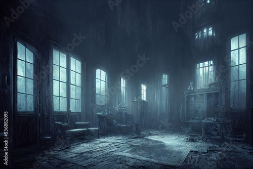 creepy interior of an abandoned building background, concept art, digital illustration, haunted house, scary interior, Generative AI