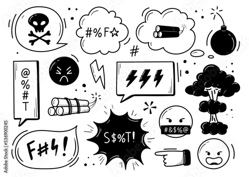 Set of speech bubbles of curses hand drawn in doodle style