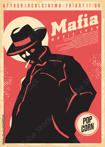 Cinema poster for mafia movies. Film festival vector illustration with mafia member silhouette.