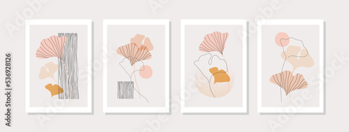 Autumn gingko leaves silhouettes, continuous line art on geometric shapes background in minimal style.