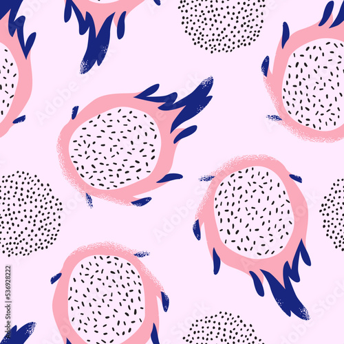 Abstract dragon fruit, dotted doodle seamless pattern
