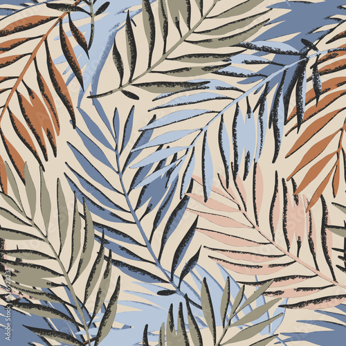 Colorful grunge textured palm leaves seamless pattern