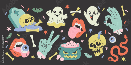 Cartoon funny skull, bones, crossbone, ghost, vampire lips, grave, zombie monster hand, witch caldron set.