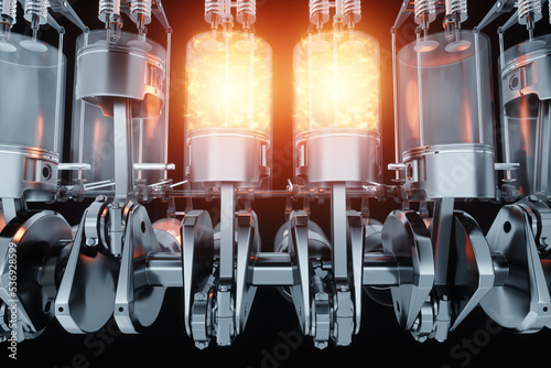 Fire in the engine cylinder, fuel ignition, the principle of operation of the internal combustion engine. Pistons, connecting rods and crankshaft. B-12, repair, car. 3D rendering, 3D illustration.