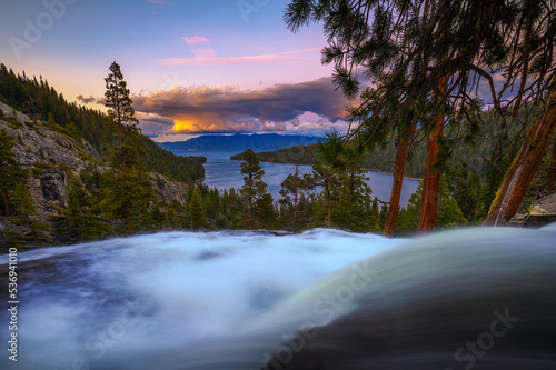 Sunset above Lower Eagle Falls and Emerald Bay, Lake Tahoe, California