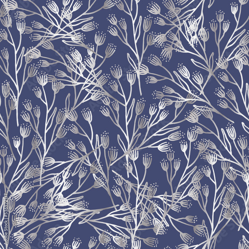 Nature silver leaves line arts on blue background vector. Floral seamless pattern, silver leaves line arts