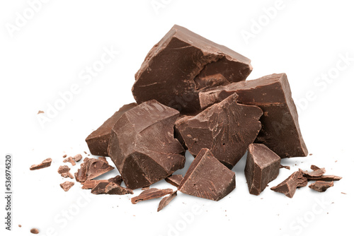 Dark chocolate blocks and bieces isolated on white background