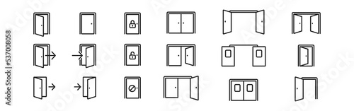 Door icon set. Login, logout, register, lock signs. Emergency exit symbol.