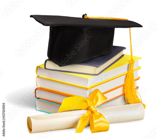 Graduation mortarboard on top of stack of books on white background