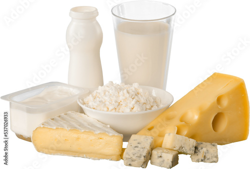 Fresh Dairy Products, Milk and Cheese isolated on white background