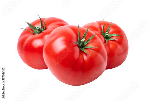 Tomatoes vegetable isolated on white or transparent background. Three fresh tomatoes.