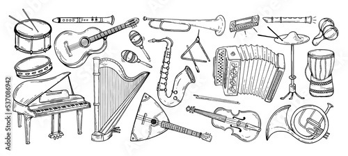 Large set musical instruments hand drawn style. Vector black and white doodle illustration
