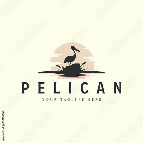pelican with sun and cattails vector logo vintage template illustration design