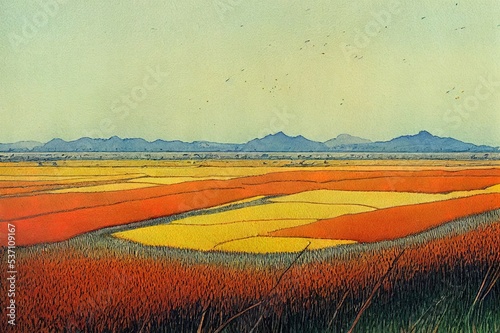 Watercolor illustration of autumn rice field