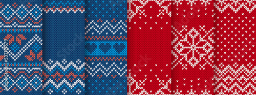 Christmas knitted seamless patterns. Blue and red knit border. Sweater texture. Fair isle traditional backgrounds. Set holiday ornaments. Festive crochet. Wool pullover frame. Vector illustration