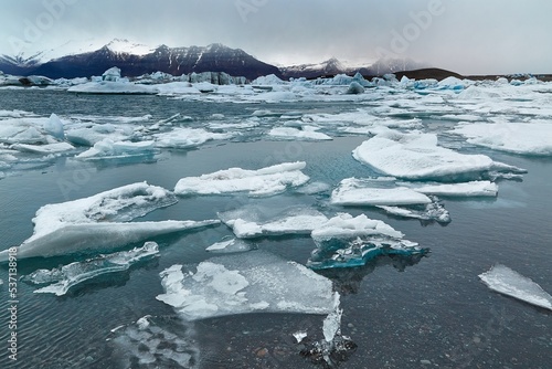 Glacial lake with icebergs