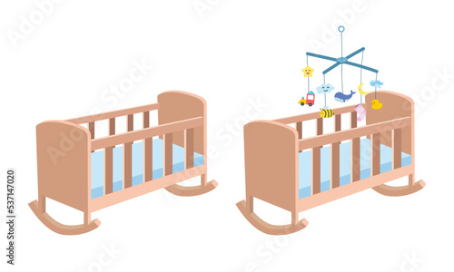 Wooden baby cradle clipart. Simple cute cradle with baby mobile hanging toy flat vector illustration. Baby crib cradle bed children's bedroom cartoon hand drawn. Kids, baby shower, nursery decoration