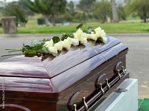 white roses on a casket at a cemetery 