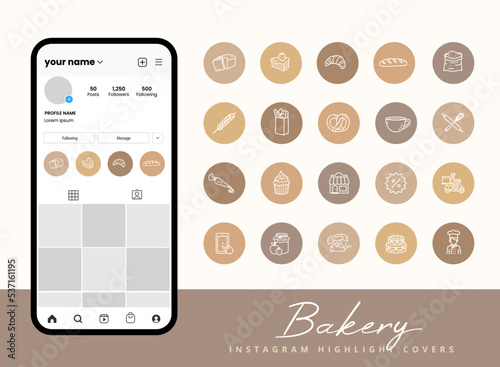 Set of bakery shop icons for instagram story highlight covers