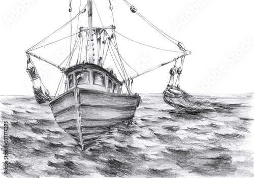 Small fishing trawler at work. Graphite pencil on paper.