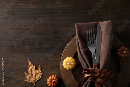 Concept of Thanksgiving day, Autumn table setting, space for text