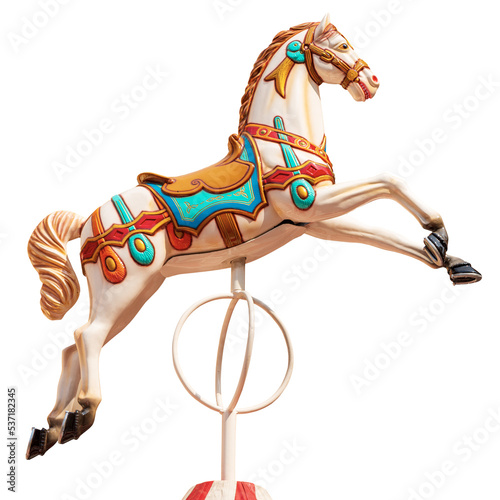 Close-up of a plastic horse of a carousel horses or merry-go-round isolated on white or transparent background. Italy, Europe. Photography, png.