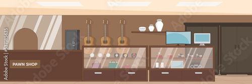 Cute and nice design of Pawnshop with furniture and interior objects vector design