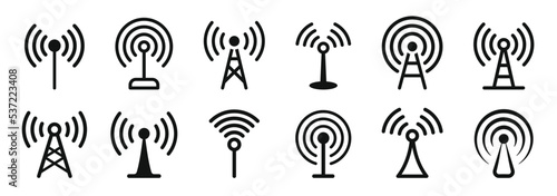 Antenna tower icon collection. Wireless radio signal symbol set. Vector illustration.