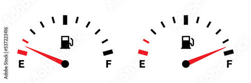Gasoline fuel gauge symbol. Fuel indicator icon set. Full and empty fuel tank gauge scale icon isolated on white background.