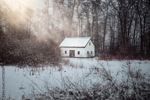 Small white house in the middle of a snowy forest during winter with sunlight falling on it