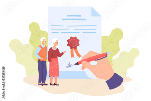 Tiny old people and huge hand signing document. Elderly people writing declaration or planning retirement flat vector illustration. Finances, old age concept for banner, website design or landing page
