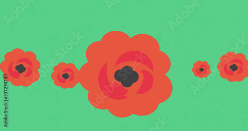 Illustration of multicolored flowers against green background, copy space