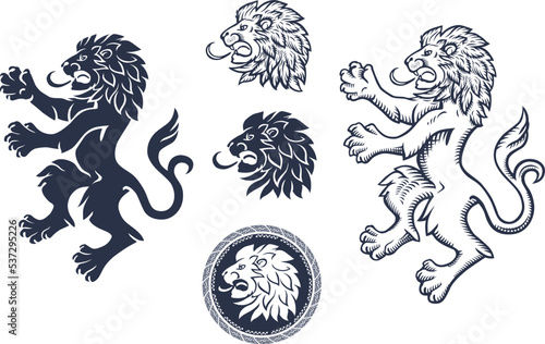 Heraldic Lion and Lion Head, Lions Silhouette Set