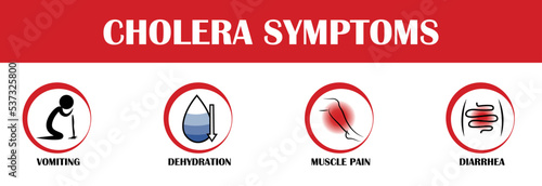 Cholera symptoms, vector pictograms, disease illustration
