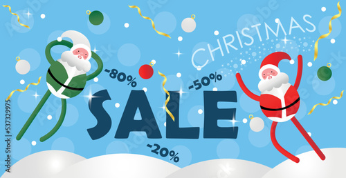 Advertising banner for Christmas sale with Santa Clauses on blue background